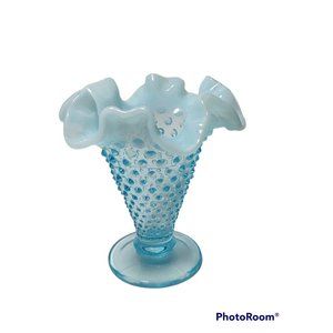 Vintage Fenton Glass Hobnail Opalescent Blue Ruffled Edge Trumpet Vase 4"